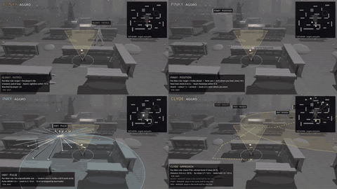 Four monsters reacting to the same player input, with a debug overlay
